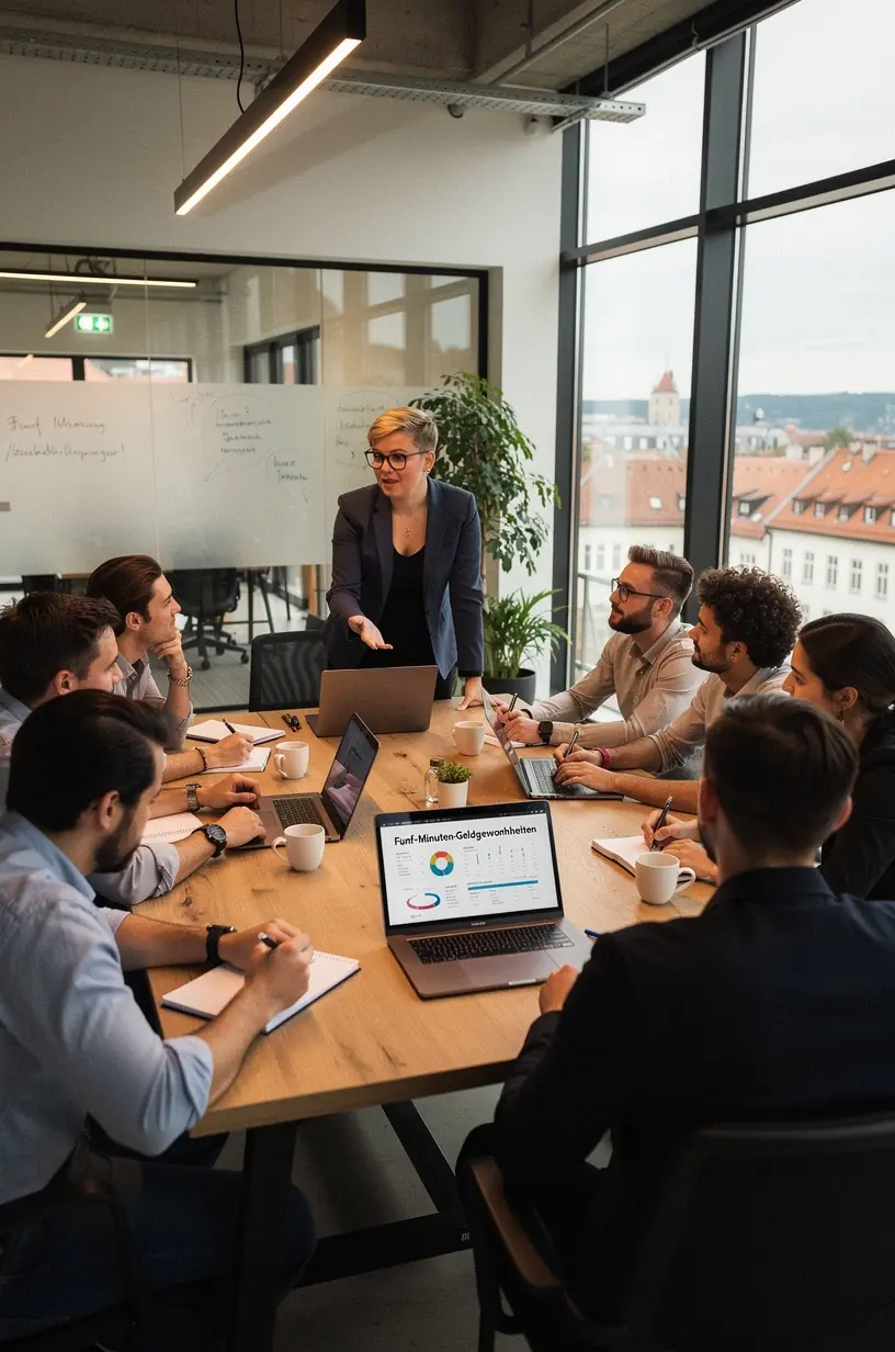 Foto eines zufriedenen Menschen, der seine Finanzen mit einem Smartphone organisiert